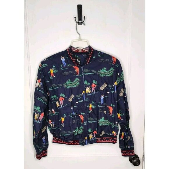 Ali Miles Petites Size 12 Navy Zip Cotton Jacket Golf Scenes - Picture 1 of 6